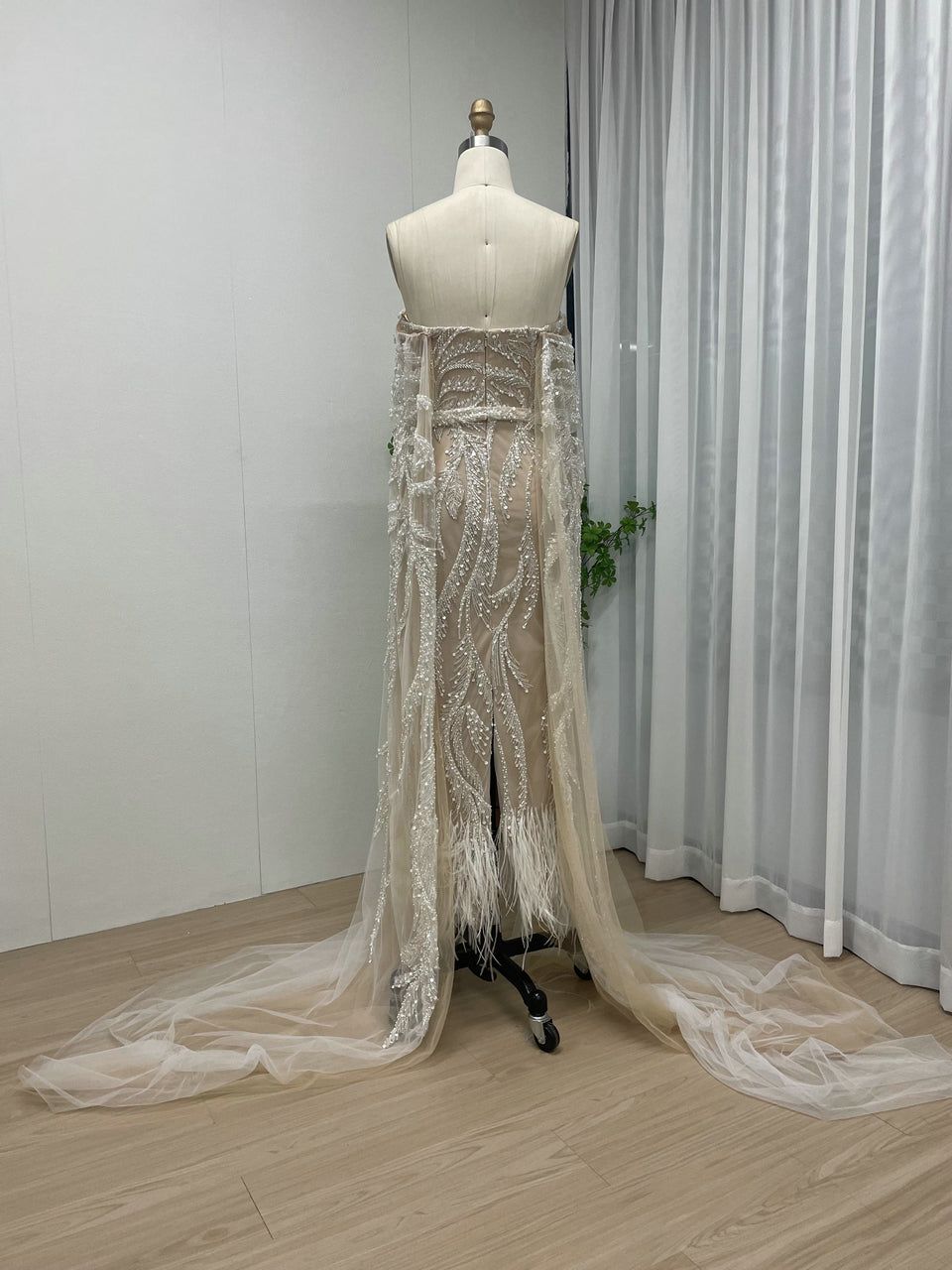 Unique Beaded Pink Off Shoulder Evening Dress Detachable Cape Sleeves MY30065