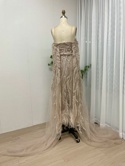 Unique Beaded Pink Off Shoulder Evening Dress Detachable Cape Sleeves MY30065