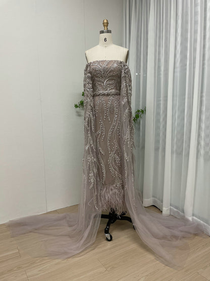 Unique Beaded Pink Off Shoulder Evening Dress Detachable Cape Sleeves MY30065