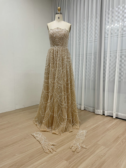 Shiny Gold Beaded Dress Strapless Gloves Train Party Style MY30067-2