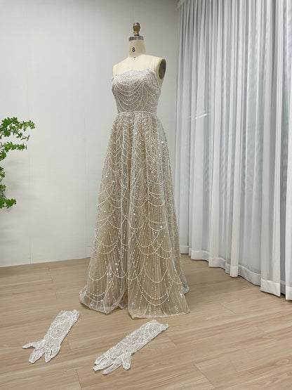Shiny Gold Beaded Dress Strapless Gloves Train Party Style MY30067-2