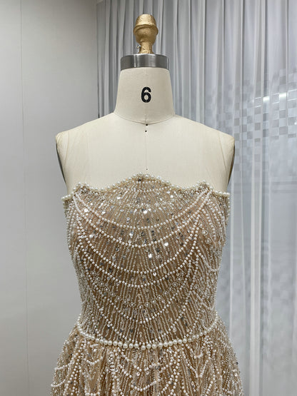 Shiny Gold Beaded Dress Strapless Gloves Train Party Style MY30067-2