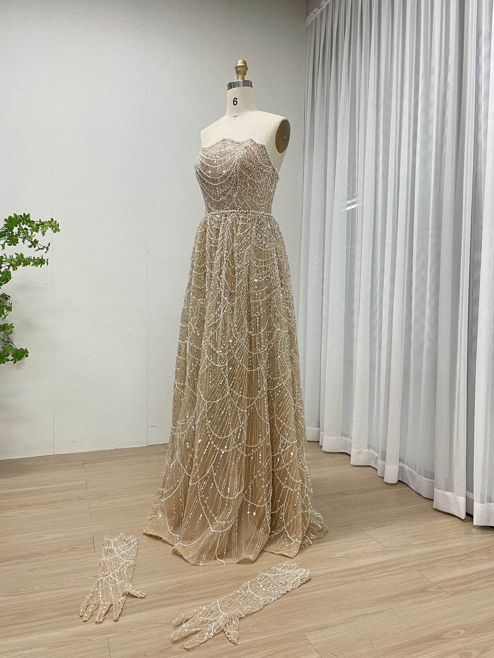 Shiny Gold Beaded Dress Strapless Gloves Train Party Style MY30067-2
