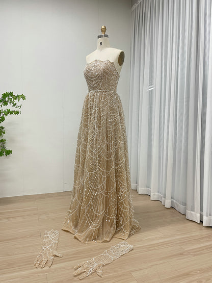 Shiny Gold Beaded Dress Strapless Gloves Train Party Style MY30067-2