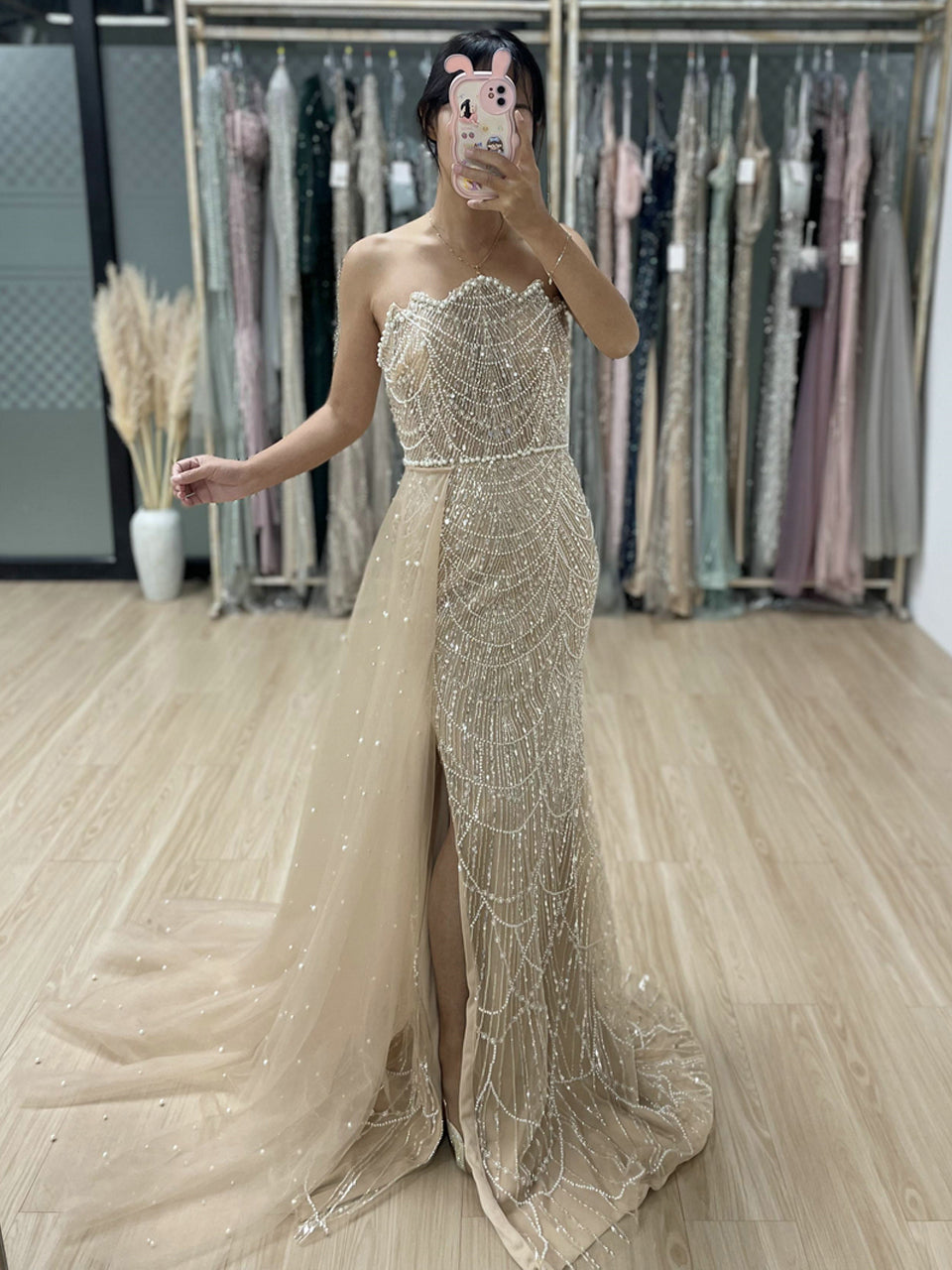 Luxury Black Beaded Prom Dress Strapless Gown with Detachable Train MY30067