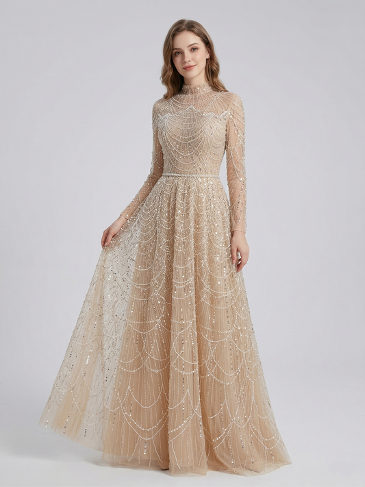 Champagne Beaed Formal Gown - Long Sleeve High Neck Beaded Evening Dress MY30067B-2