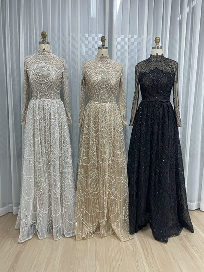 Champagne Beaed Formal Gown - Long Sleeve High Neck Beaded Evening Dress MY30067B-2