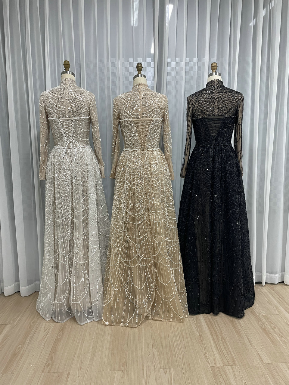 Champagne Beaed Formal Gown - Long Sleeve High Neck Beaded Evening Dress MY30067B-2