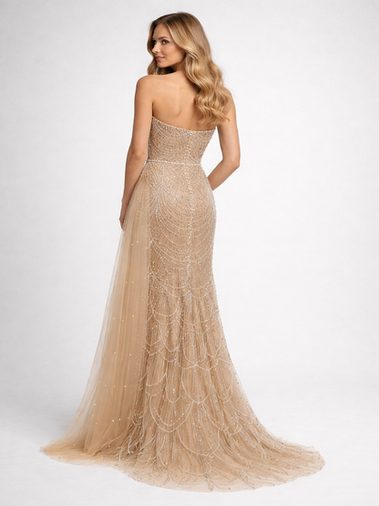Champagne Beaded Mermaid Evening Gown with Pearl Side Slit & Illusion Neckline MY30067B