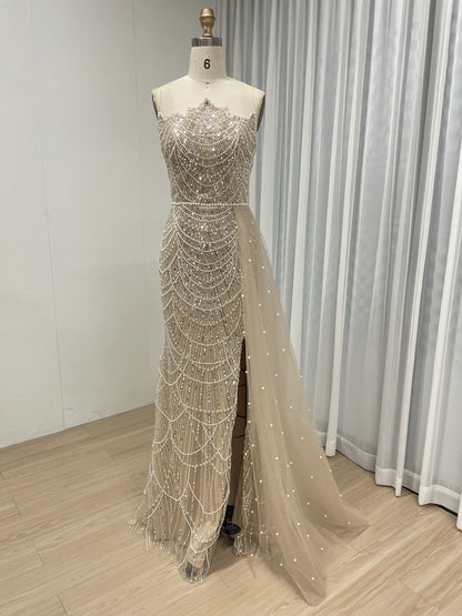 Champagne Beaded Mermaid Evening Gown with Pearl Side Slit & Illusion Neckline MY30067B