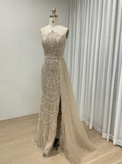 Champagne Beaded Mermaid Evening Gown with Pearl Side Slit & Illusion Neckline MY30067B