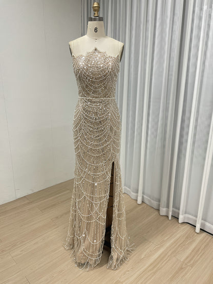 Champagne Beaded Mermaid Evening Gown with Pearl Side Slit & Illusion Neckline MY30067B