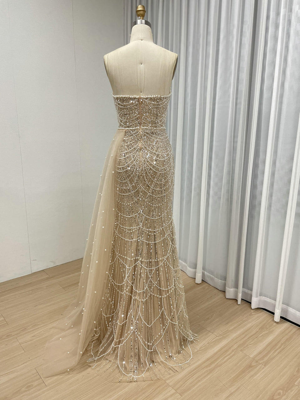Champagne Beaded Mermaid Evening Gown with Pearl Side Slit & Illusion Neckline MY30067B