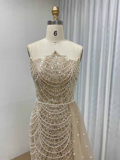Champagne Beaded Mermaid Evening Gown with Pearl Side Slit & Illusion Neckline MY30067B