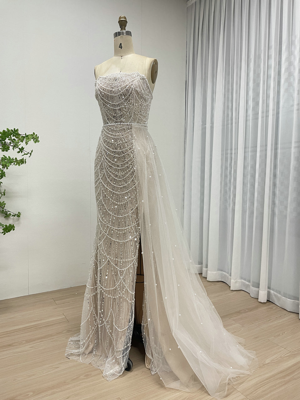 Luxury Black Beaded Prom Dress Strapless Gown with Detachable Train MY30067