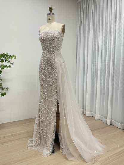 Luxury Black Beaded Prom Dress Strapless Gown with Detachable Train MY30067