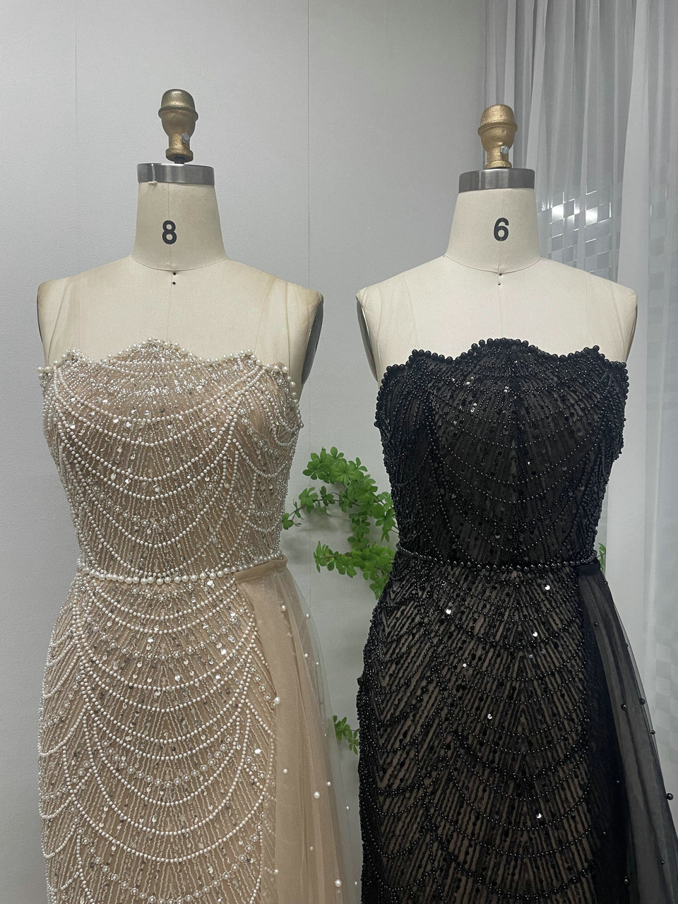 Luxury Black Beaded Prom Dress Strapless Gown with Detachable Train MY30067