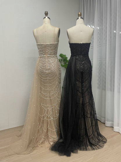 Luxury Black Beaded Prom Dress Strapless Gown with Detachable Train MY30067