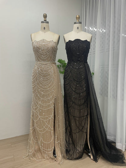 Luxury Black Beaded Prom Dress Strapless Gown with Detachable Train MY30067