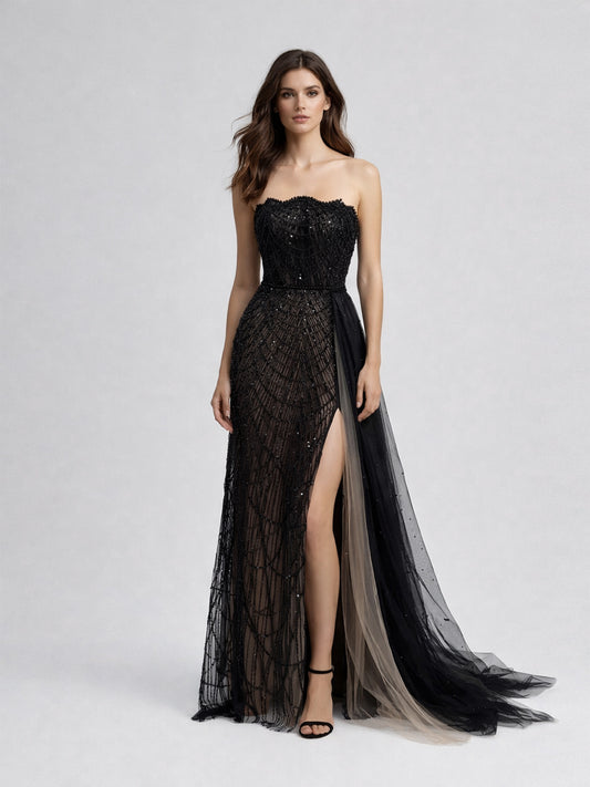Luxury Black Beaded Prom Dress Strapless Gown with Detachable Train MY30067