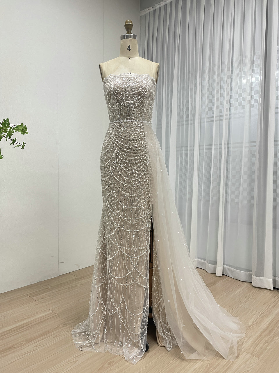 Luxury Black Beaded Prom Dress Strapless Gown with Detachable Train MY30067