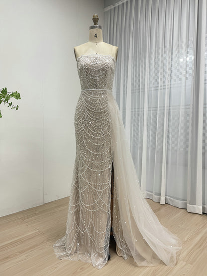 Luxury Black Beaded Prom Dress Strapless Gown with Detachable Train MY30067