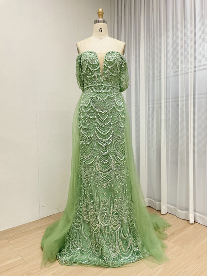 Sparkling Green Off-Shoulder V-Neck Pearl Mermaid Gown Luxury Evening Wear MY30068-2