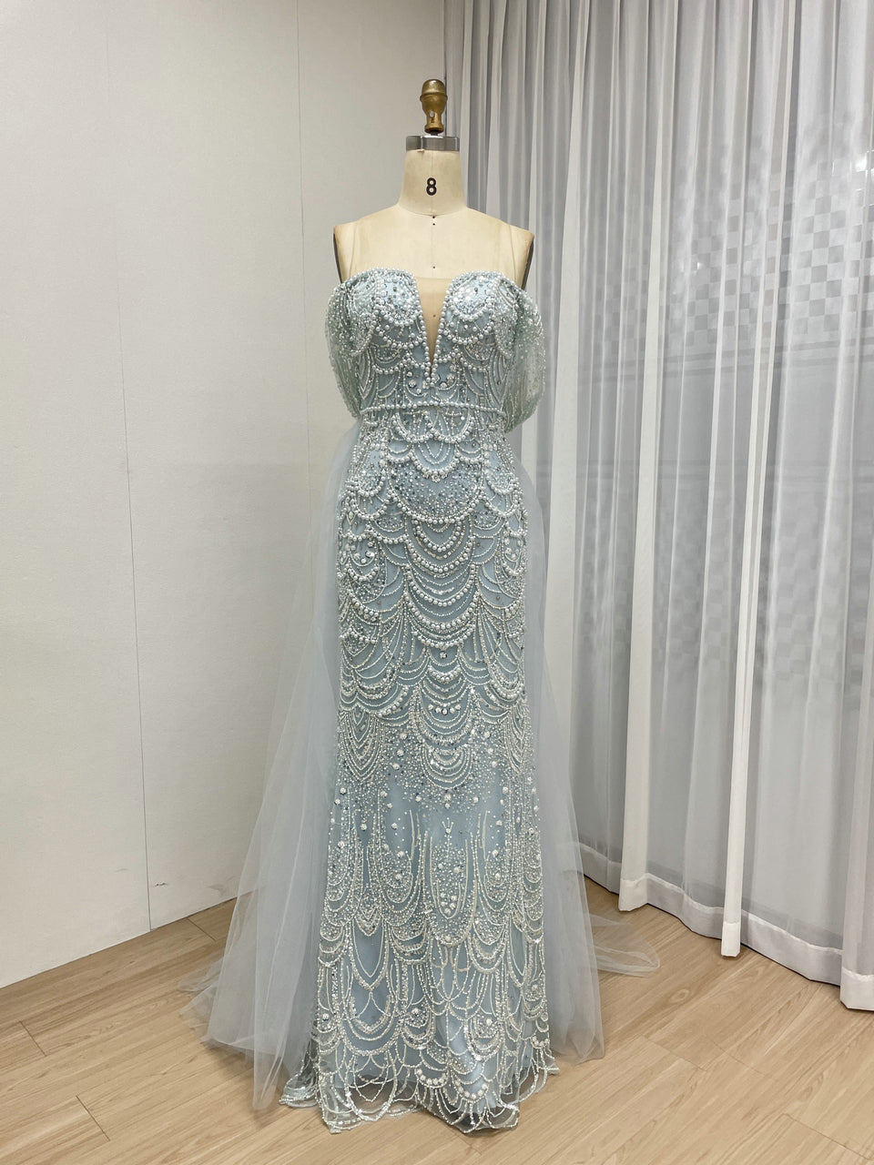 Sparkling Green Off-Shoulder V-Neck Pearl Mermaid Gown Luxury Evening Wear MY30068-2