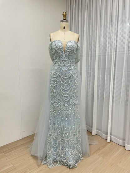 Sparkling Green Off-Shoulder V-Neck Pearl Mermaid Gown Luxury Evening Wear MY30068-2