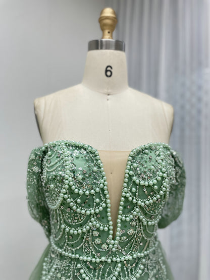 Sparkling Green Off-Shoulder V-Neck Pearl Mermaid Gown Luxury Evening Wear MY30068-2
