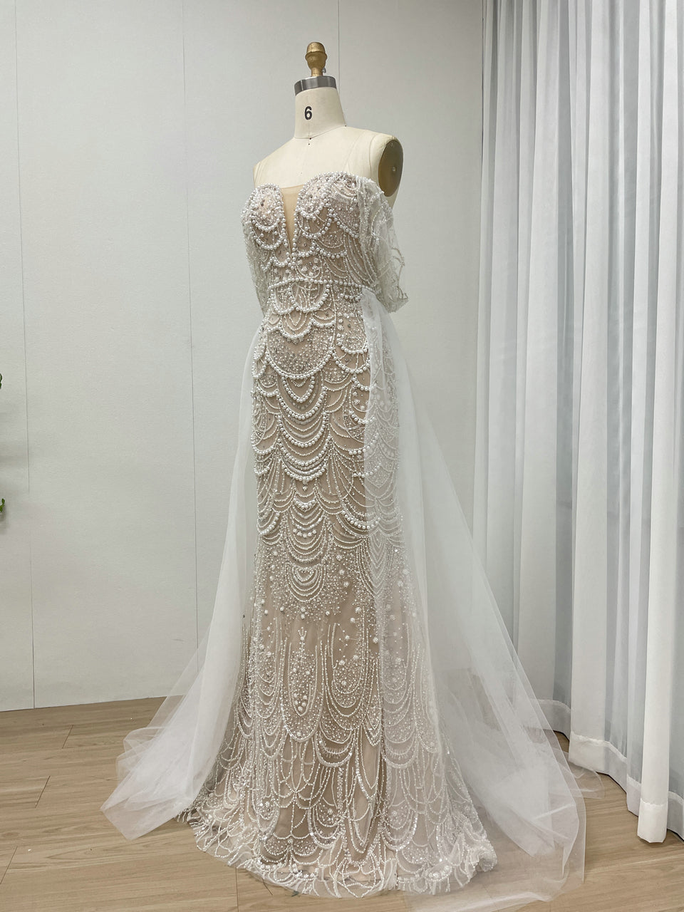 Sparkling Green Off-Shoulder V-Neck Pearl Mermaid Gown Luxury Evening Wear MY30068-2
