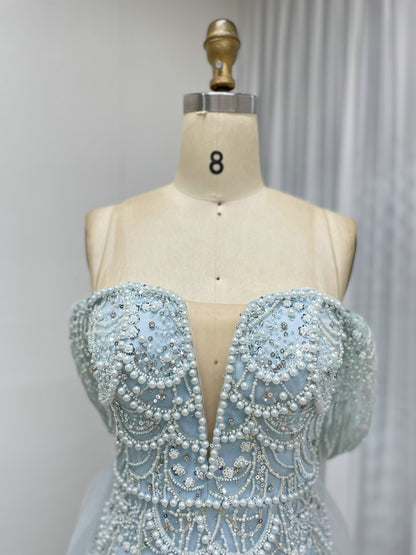 Sparkling Green Off-Shoulder V-Neck Pearl Mermaid Gown Luxury Evening Wear MY30068-2