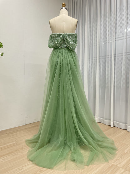 Sparkling Green Off-Shoulder V-Neck Pearl Mermaid Gown Luxury Evening Wear MY30068-2