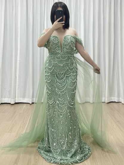 Sparkling Green Off-Shoulder V-Neck Pearl Mermaid Gown Luxury Evening Wear MY30068-2