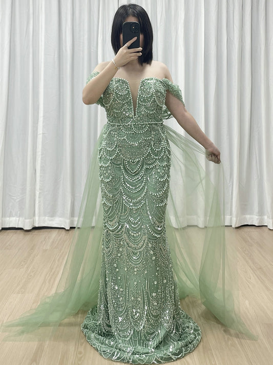 Sparkling Green Off-Shoulder V-Neck Pearl Mermaid Gown Luxury Evening Wear MY30068-2