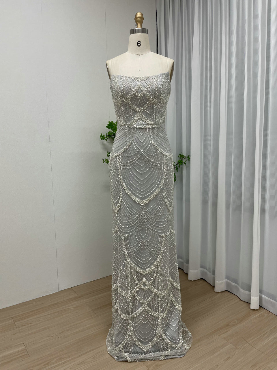 Vintage Style Pearl Drop Grey Evening Dress Long Sleeves Sheer Neck MY30070