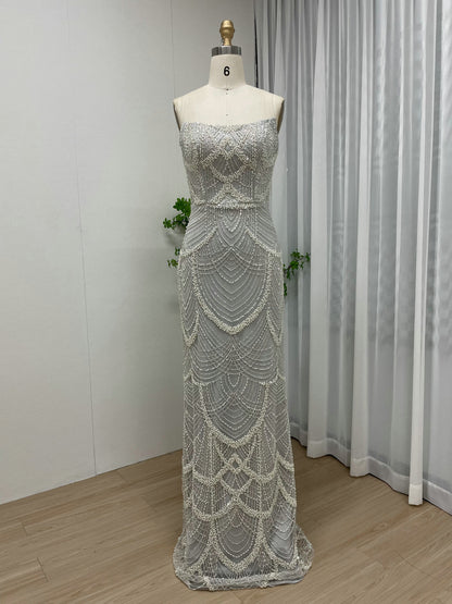 Vintage Style Pearl Drop Grey Evening Dress Long Sleeves Sheer Neck MY30070