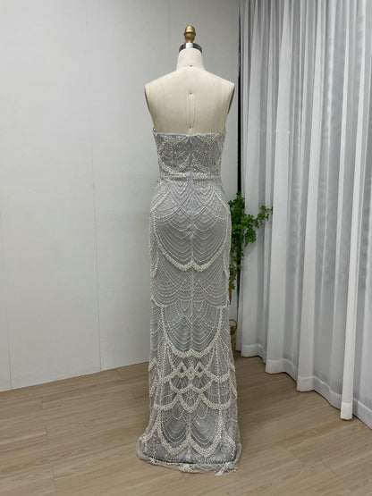 Vintage Style Pearl Drop Grey Evening Dress Long Sleeves Sheer Neck MY30070
