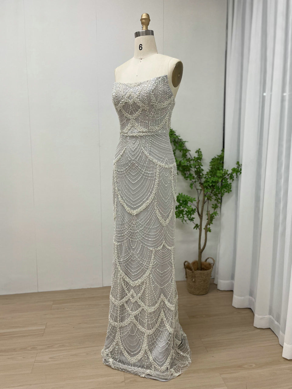 Vintage Style Pearl Drop Grey Evening Dress Long Sleeves Sheer Neck MY30070