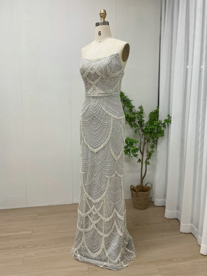 Vintage Style Pearl Drop Grey Evening Dress Long Sleeves Sheer Neck MY30070