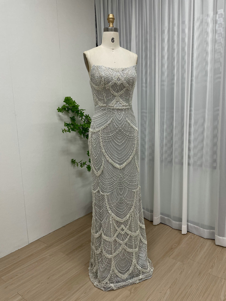 Vintage Style Pearl Drop Grey Evening Dress Long Sleeves Sheer Neck MY30070