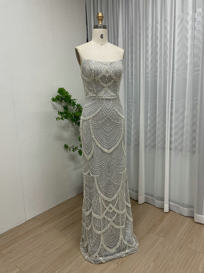 Vintage Style Pearl Drop Grey Evening Dress Long Sleeves Sheer Neck MY30070