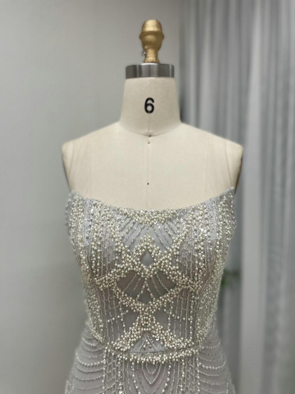 Vintage Style Pearl Drop Grey Evening Dress Long Sleeves Sheer Neck MY30070