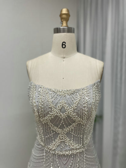 Vintage Style Pearl Drop Grey Evening Dress Long Sleeves Sheer Neck MY30070