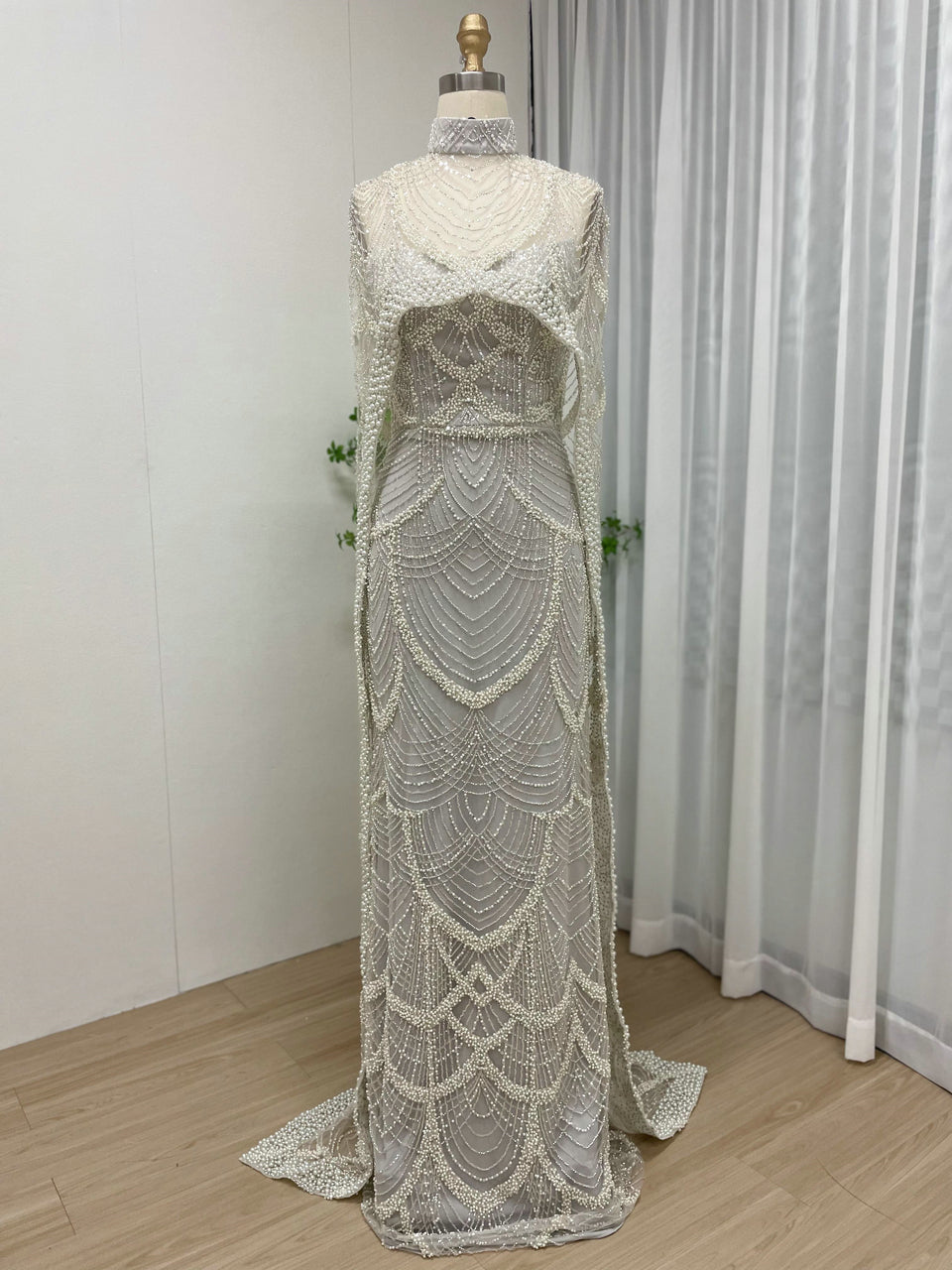 Vintage Style Pearl Drop Grey Evening Dress Long Sleeves Sheer Neck MY30070