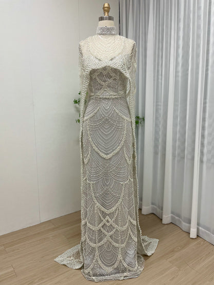 Vintage Style Pearl Drop Grey Evening Dress Long Sleeves Sheer Neck MY30070