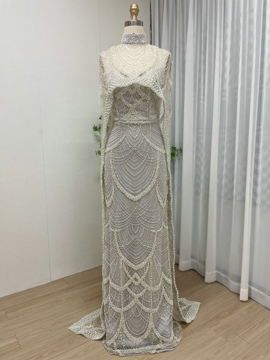 Vintage Style Pearl Drop Grey Evening Dress Long Sleeves Sheer Neck MY30070