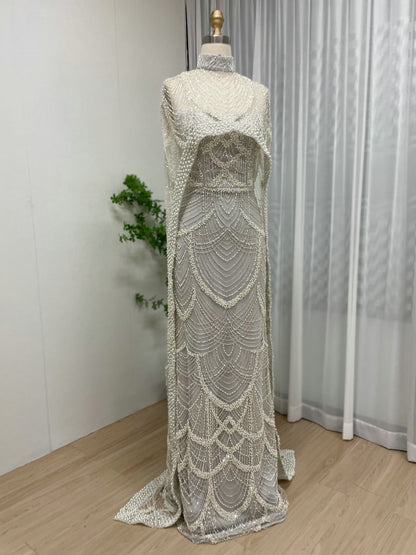 Vintage Style Pearl Drop Grey Evening Dress Long Sleeves Sheer Neck MY30070