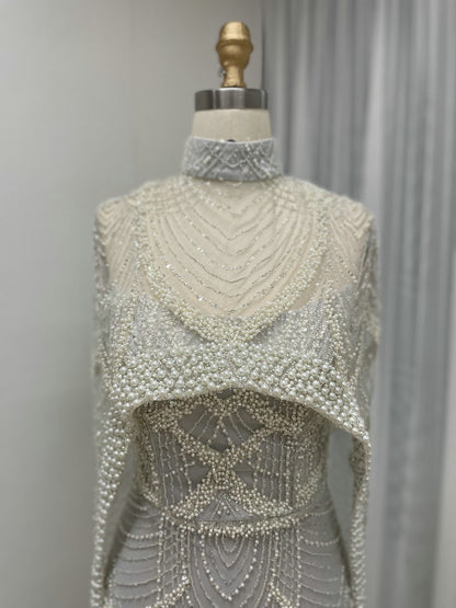 Vintage Style Pearl Drop Grey Evening Dress Long Sleeves Sheer Neck MY30070