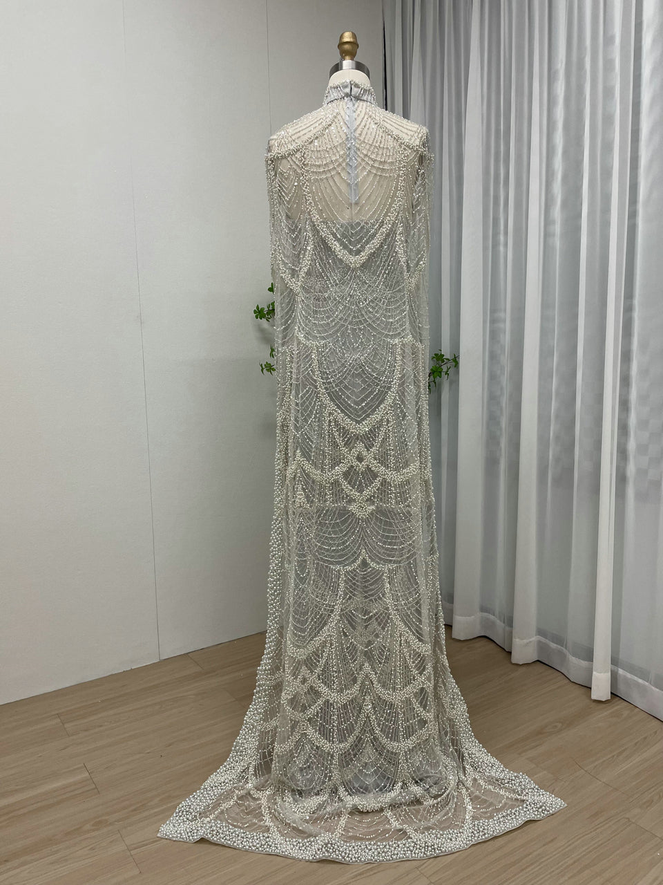 Vintage Style Pearl Drop Grey Evening Dress Long Sleeves Sheer Neck MY30070
